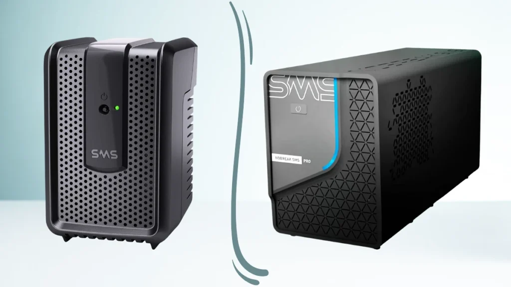 Nobreak e estabilizador posicionados lado a lado para comparação em artigo sobre proteção de energia.