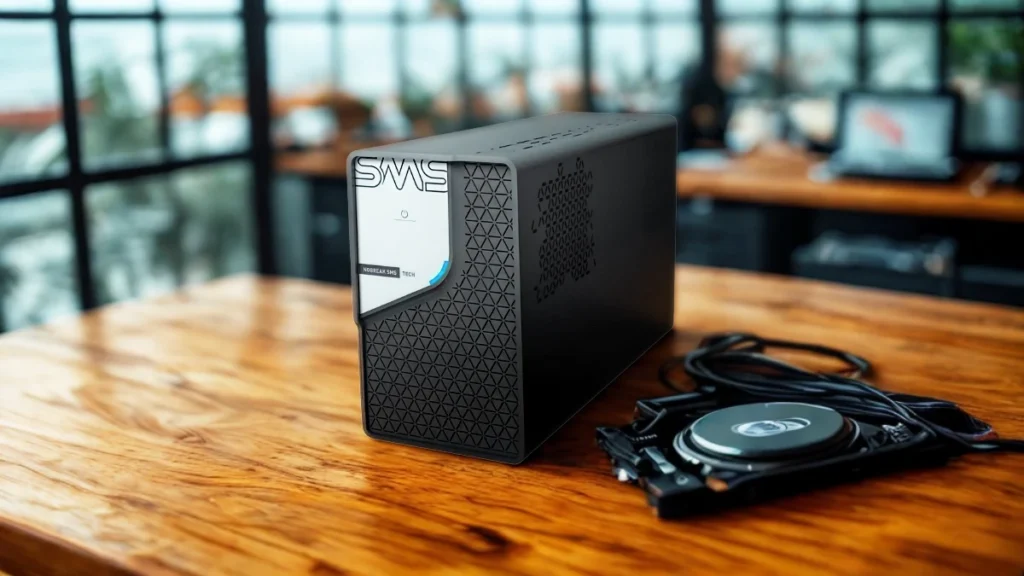 Nobreak 1200VA SMS TECH Line Interactive com design moderno e proteção contra quedas de energia.