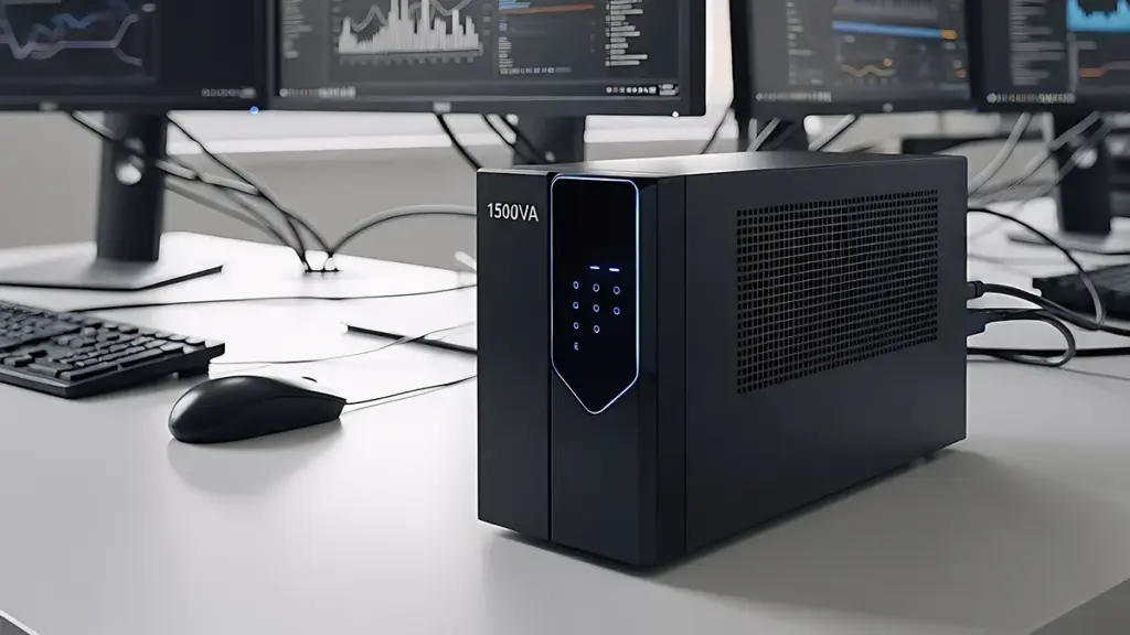 Nobreak 1500VA em mesa de escritório conectado a computadores