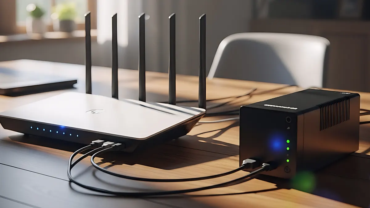 Roteador conectado a um nobreak para garantir internet mesmo em quedas de energia