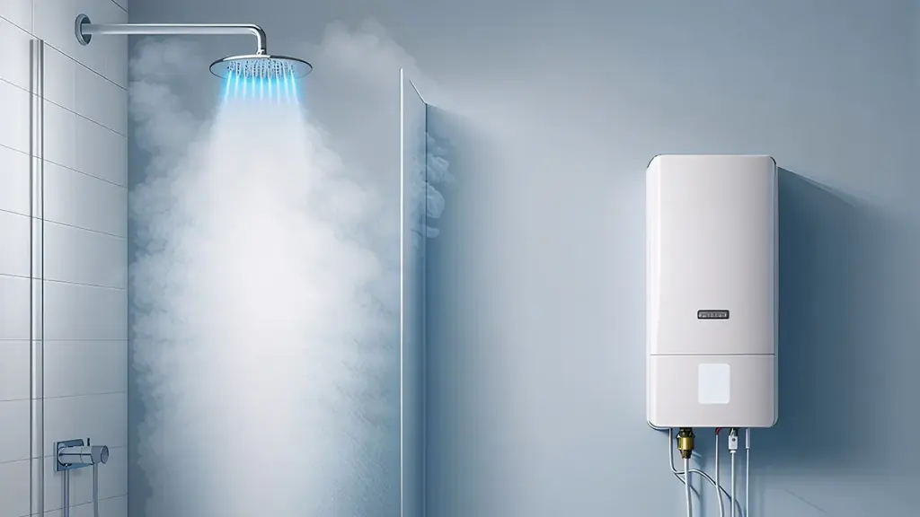 Banheiro moderno com chuveiro ligado, vapor e aquecedor a gás conectado a um nobreak.